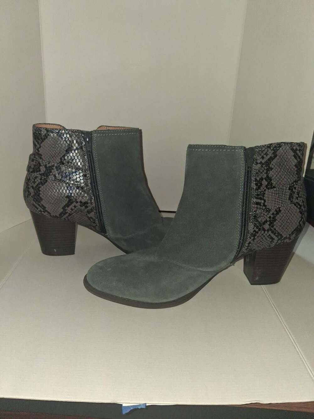 Vionic Naomi Gray Suede & Snake Print Ankle Booties with Side Zip and Buckle